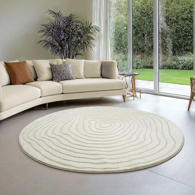 the carpet Everest – Modern Rond Vloerkleed met Korte Pool, Hoog-Laag 3D-Effect en Boomringpatroon – Crème – Ø 200 cm crème met boomringpatroon