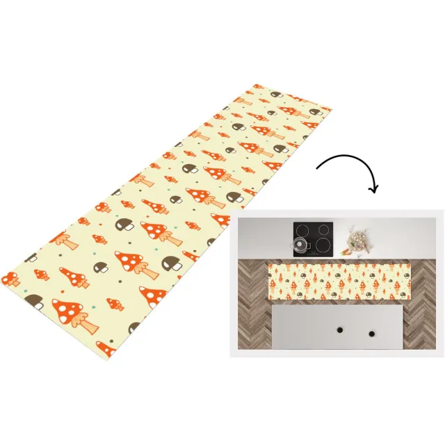 KitchenYeah Keukenloper 200x50 cm - Keukenmat vinyl Patronen - Paddestoel - Oranje - Keukenmatten loper - Keuken vloerkleed tapijt