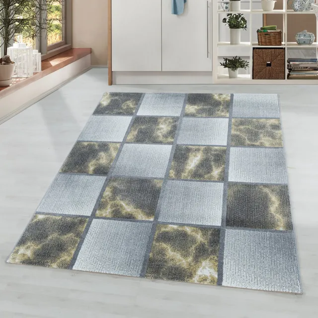 Adana Carpets Kortpolig vloerkleed, geruit patroon, geel, woonkamerkleed, jute achterkant Grijs,Geel