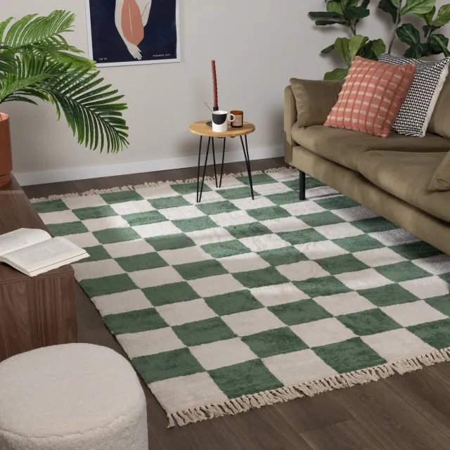 Fraai Checkerboard vloerkleed - Blox Fringe Groen