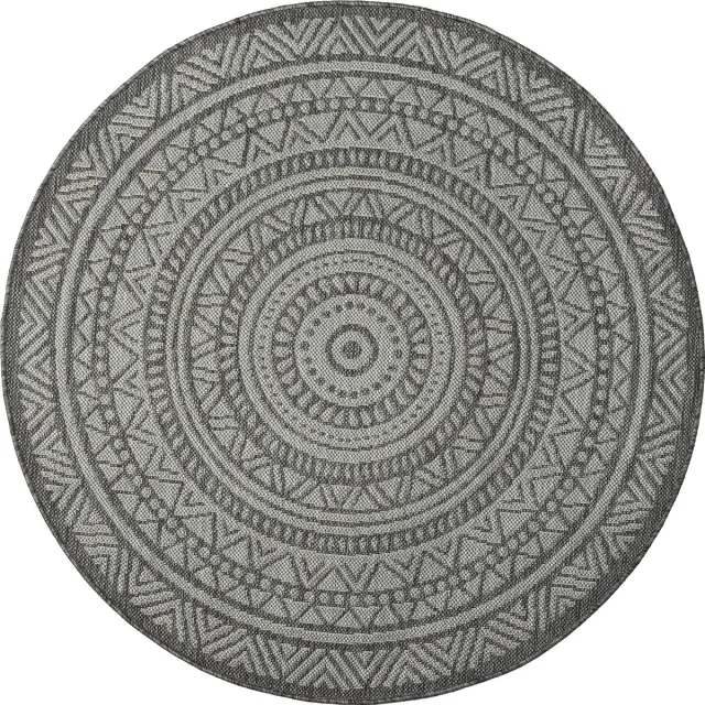 the carpet Mistra – robuust buitentapijt, weerbestendig & modern, voor balkon, terras of keuken, antraciet met etnisch rond patroon, 160 cm rond