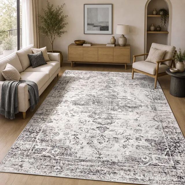 the carpet Zen Vloerkleed – Vintage Oosters Design – Wasbaar & Antislip – Grijs – 160 x 220 cm grijs oosters