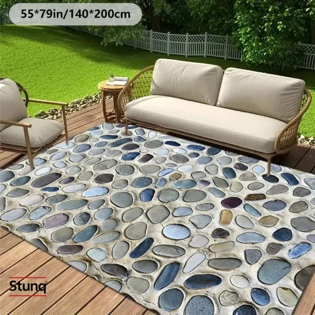 Stunq Vloerkleed - Antislip Flanellen Tapijt met Kiezels Print Blauw