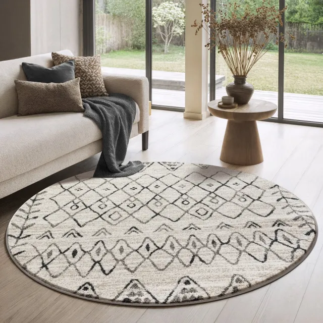 Muratap Boho Rond Vintage Laagpolig Vloerkleed Crème- 120 CM Ø Creme