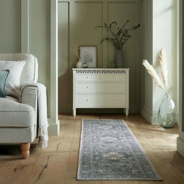flycarpets Vintage Vloerkleed - Windsor Traditioneel - Laagpolig - Medaillon - Groen - 60x230 cm Blauw