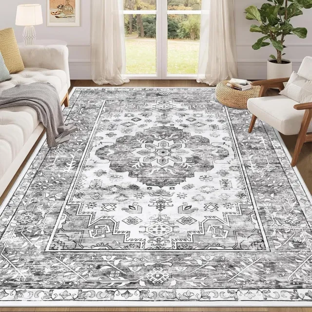 Enyhom vloerkleed woonkamer, 160 x 230 cm groot zacht vloerkleed voor slaapkamer, slipvast, kortpolig vloerkleed, afwasbaar, verweerd keukenvloerkleed voor kinderkamer, badkamer, vintage grijs