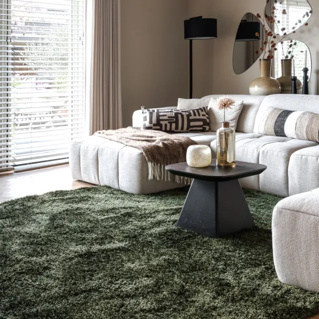 Tapeso Shaggy vloerkleed rond - Meadow olijfgroen 150