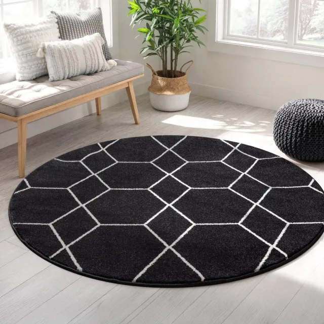 Muratap Trellis Uni Rond Laagpolig Vloerkleed Zwart- 150 CM Ø