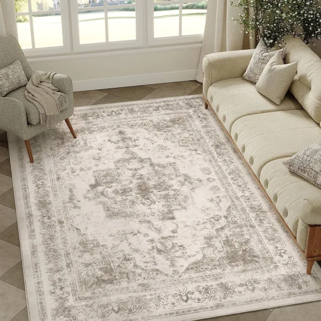 Ibenzoa Vintage vloerkleed met medaillonpatroon voor diverse ruimtes, wasbaar en antislip ontwerp taupe