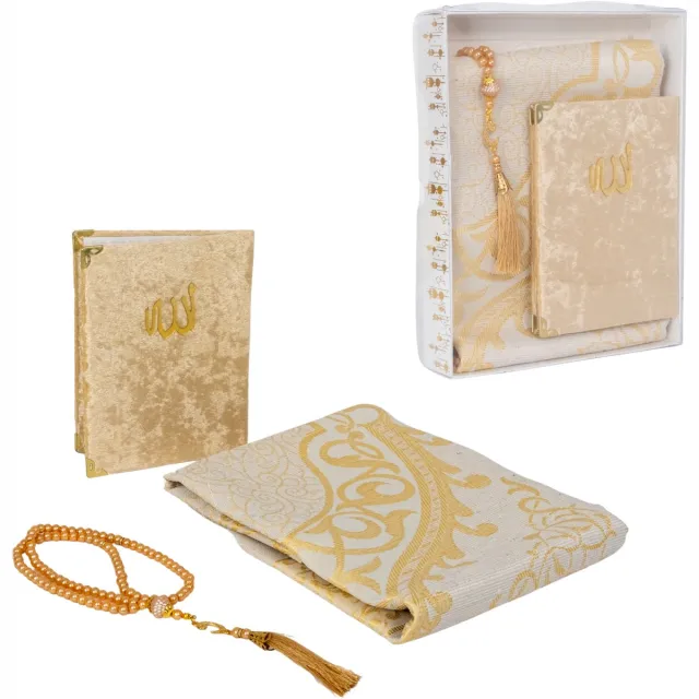 Firaset FIRASSET Islamitische Gebedsgeschenkset – Gebedskleed, Fluwelen Yaseen Boek & Tasbih | Moslim Namaz Salah Set | Gemaakt in Türkiye Beige