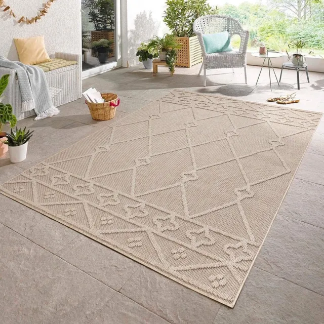 flycarpets Tenedo Vloerkleed / Buitenkleed - Binnen & Buiten - Laagpolig - Beige - 120x170 cm