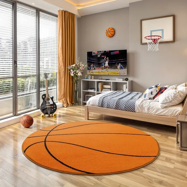 Karpet24 Rond Vloerkleed – Basketbal Design voor de Kinderkamer | Oranje/Zwart-Ø 120 cm