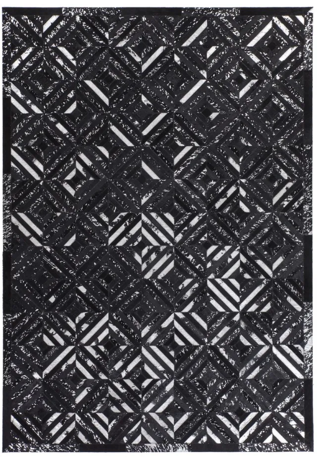 Padiro platgeweven designvloerkleed 120 x 170 cm - donkergrijs - industrieel geometrisch patroon - voor vloerverwarming - van leer en katoen