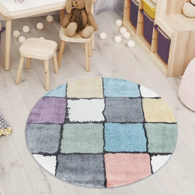 My Ninki ® Vrolijk Rond Vloerkleed voor Kinder- en Jeugdkamer met Modern Ruitpatroon - 120 cm - Laagpolig Design kleurijk