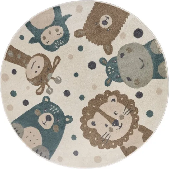 flycarpets Adventures Rond Kindervloerkleed Beige / Bruin / Blauw - Dieren - Laagpolig Vloerkleed Kinderkamer