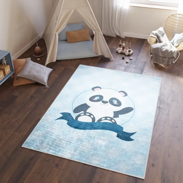 Tapiso Emma Vloerkleed Kinderkamer Blauw Panda Babykamer Speelmat Blauw 9