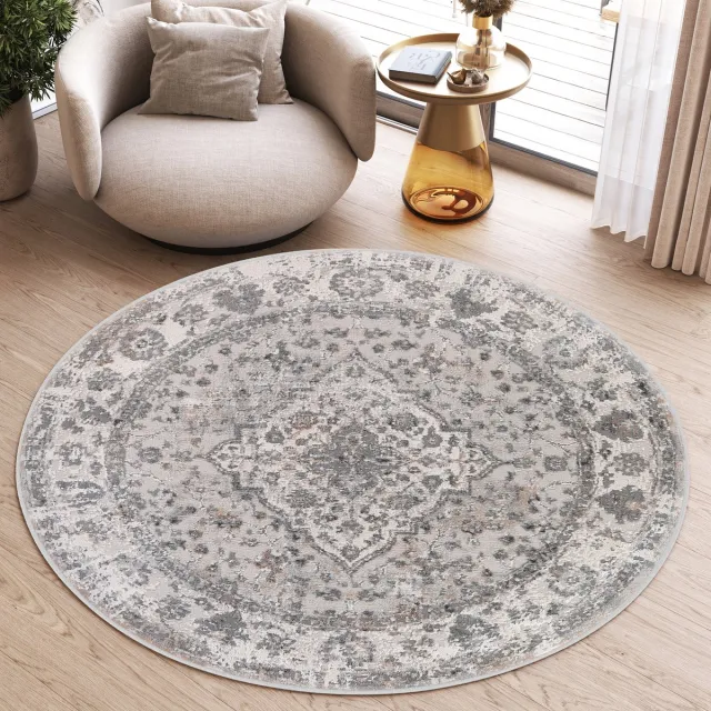 Tapiso Valley Rond Vloerkleed Lichtgrijs Laagpolig Vintage Tapijt Maat- 160x160 Lichtgrijs 3