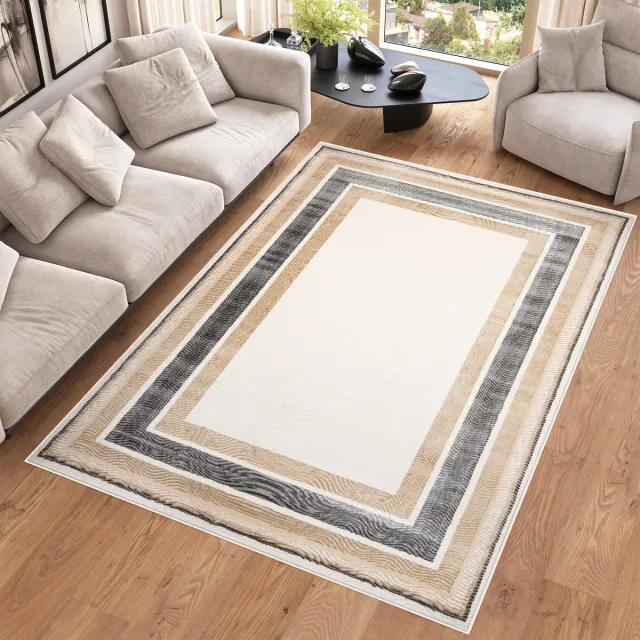 Tapiso Hera Vloerkleed Beige Grijs Laagpolig Woonkamer Frame Tapijt Beige Creme Grijs