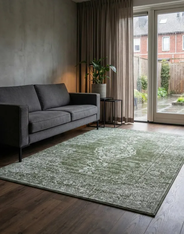 flycarpets Vintage Laagpolig Vloerkleed - Gloria - Groen - 120x170 cm