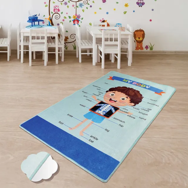 Bosdela Wasbaar kinder- en babykleed, 100x160 cm, ideaal voor kinderkamers, speelkamers en kruipmatten Mijn lichaam blauw
