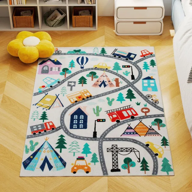 ECTEATOY Vloerkleed - Zacht Speelkleed Autobaan voor Kinderkamer - Vloerkleed met Wegennet - Fleece - Antislip - Wit/Kleurrijk - 120x160 cm