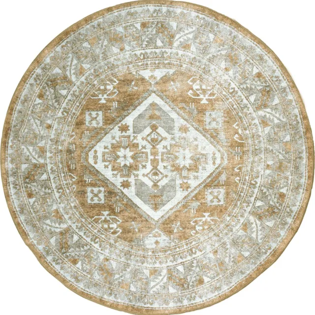 Veer Carpets Vloerkleed Laria Brown 5 Rond - ø160 cm - Laagpolig – Vintage / Klassiek Medaillon Beige