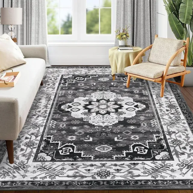 Unyqoos ® Stijlvol Groot Tapijt voor Woonkamer en Slaapkamer - Vintage Bohemian Design, Superzacht en Wasbaar, 120 x 180 cm, Donkergrijs Zwart