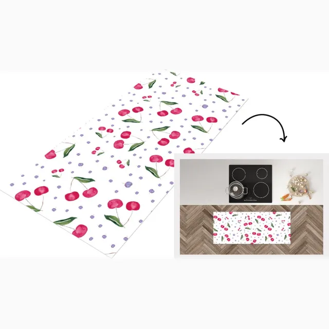 KitchenYeah Keukenloper - Loper keuken - Kersen - Wit - Patronen - Keukenloper vinyl Multicolor