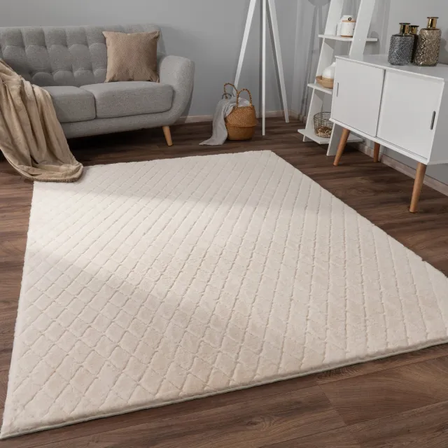 flycarpets Zacht fluffy vloerkleed - Arinzo Geruit Crème - Hoogpolig Tapijt Woonkamer / Slaapkamer / Kinderkamer