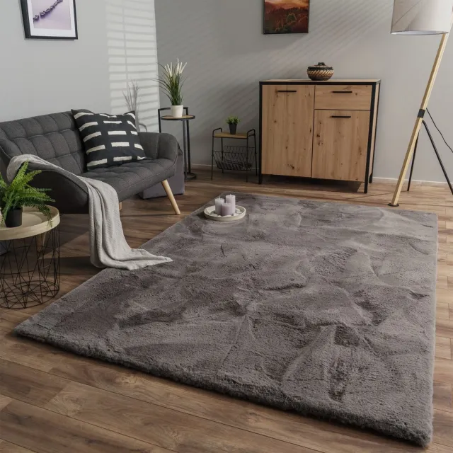 TT Home Woonkamer hoogpolig tapijt langpolig zacht konijnenbont imitatie zacht 60 x 100 cm Rond 60 x 100 cm Rond antraciet