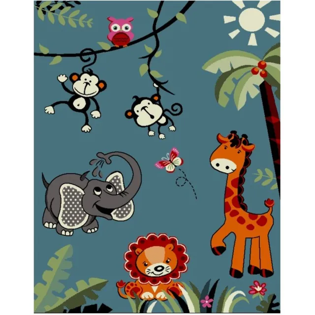 TapisTrend Kinderkleed Blauw 80x150 cm met jungledieren (aap, giraffe, olifant, leeuw) voor slaapkamer en speelkamer