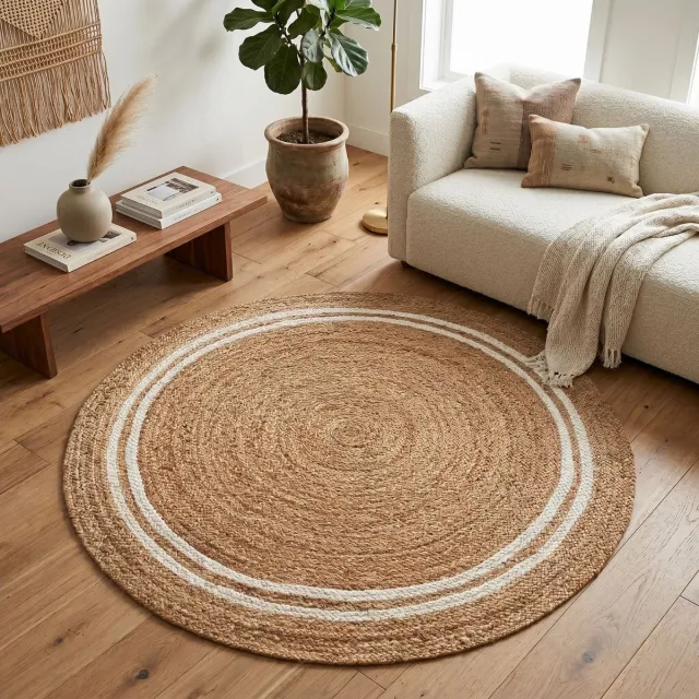 Floordirekt Jute Vloerkleed Mumbai - Rond - Raffia Vloerkleed van 100% Natuurlijke Vezels - Gevlochten Boho - Handgeweven Natuurlijk Vloerkleed - voor Keuken & Woonkamer - Robuust & Scheurvast