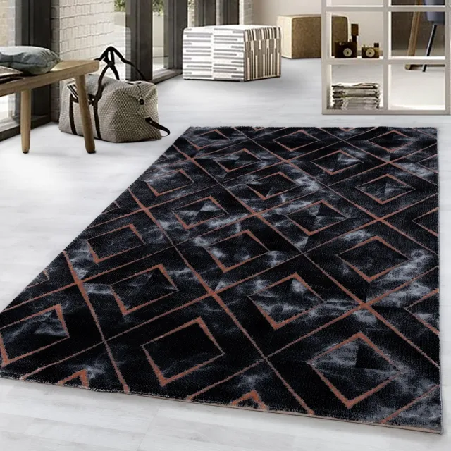 Adana Carpets Laagpolig vloerkleed, marmerdesign, bronskleur, woonkamerkleed, jute achterkant, afmeting: 140 x 200 cm zwart,bruin