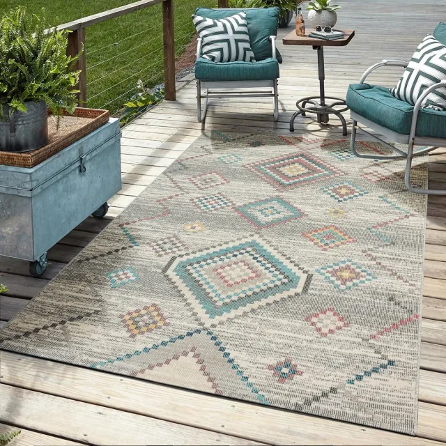Mia´s Teppiche Mia’s Teppiche Bliss – Indoor & Outdoor vloerkleed, weerbestendig & onderhoudsvriendelijk, etnisch motief in beige turquoise, 120 x 170 cm