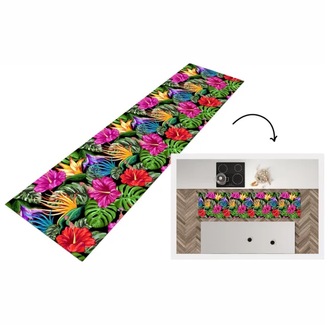 KitchenYeah Keukenloper - Loper keuken - Tropisch - Patronen - Bloemen - Monstera - 200x50 cm - Keukenloper vinyl Multicolor