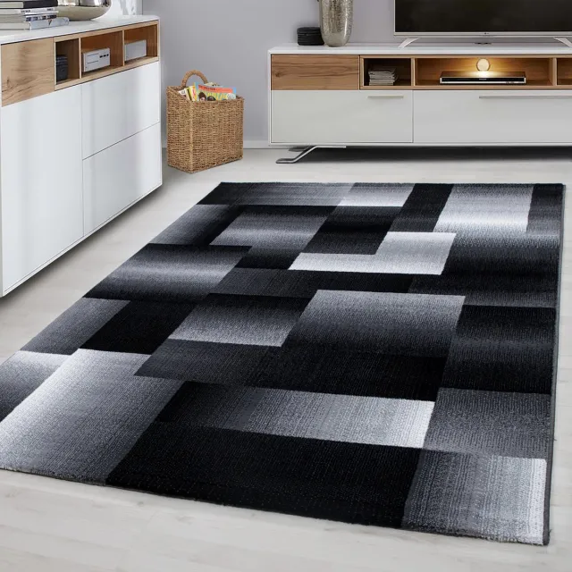Ayyildiz Laagpolig vloerkleed met abstract ruitpatroon, zwart, geschikt voor de woonkamer, met een jute achterkant, afmetingen: 240 x 340 cm