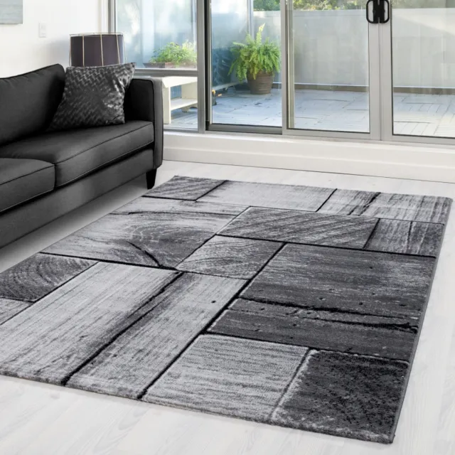 Ayyildiz Laagpolig vloerkleed met 3D-houtdesign, zwart, geschikt voor de woonkamer, met jute achterkant, afmetingen: 280 x 370 cm