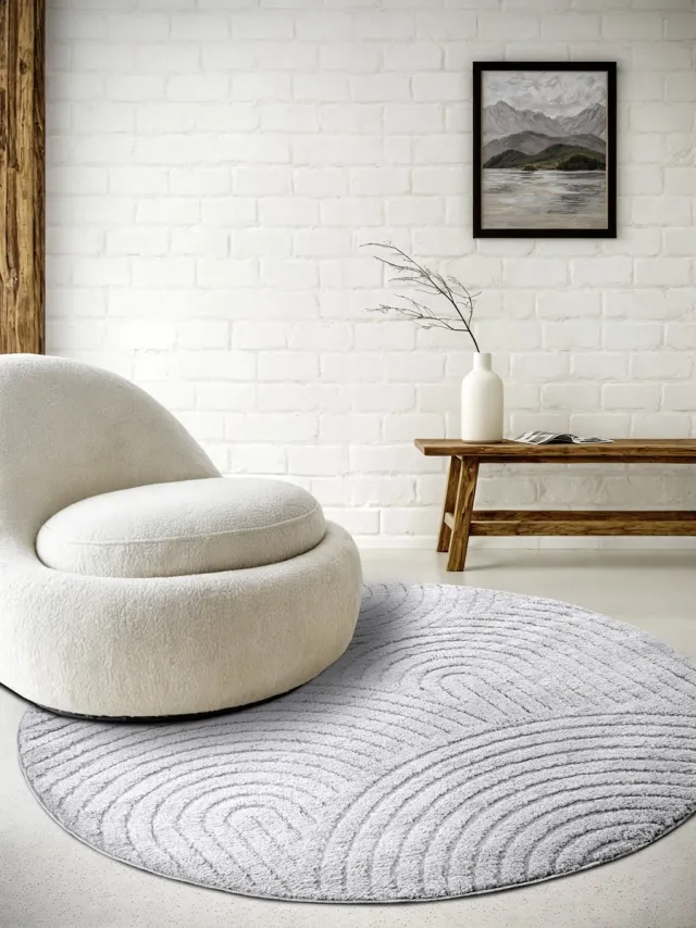Elle Decoration Rond Japandi vloerkleed laagpolig - New York Design - Panglao Lichtgrijs / Zilver 160cm rond Ø