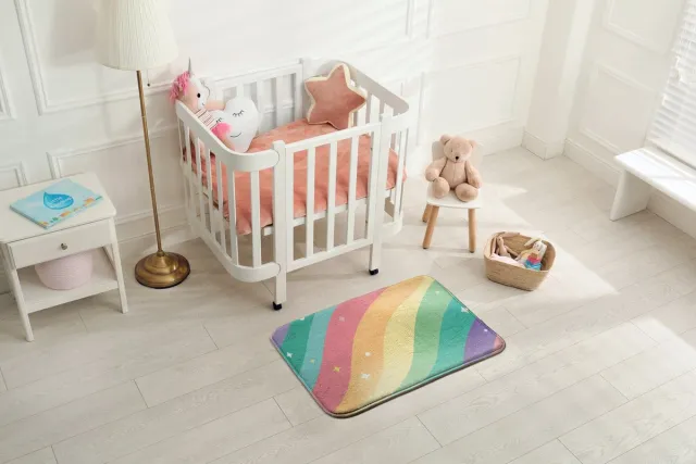 Coloray Vloerkleed voor Kinderkamer - Roze Klein Tapijt - Kleurrijke Regenbooggolven Vloerkleed - Geel Accenten Laagpolig Tapijt - Antislip Vloerkleed Voor Slaapkamer - 90x60 cm Roze - Kleurrijke Regenbooggolven