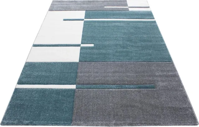 Ayyildiz Laagpolig vloerkleed, geruit patroon, blauw, woonkamerkleed, jute achterkant