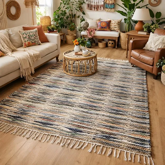 Lavandoux Handgeweven Jute Vloerkleed Begusarai, Multi Gestreept 160 x 230 cm | Vloerkleed Naturel | Organisch Vloerkleed | Persisch Vloerkleed | Woonkamer | Perzie