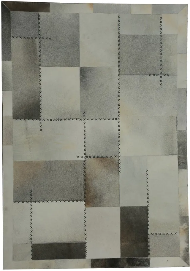 Padiro leren designvloerkleed - lichtbeige - geometrisch ruiten- en blokkenpatroon - patchwork - voor vloerverwarming - van leer en vilt