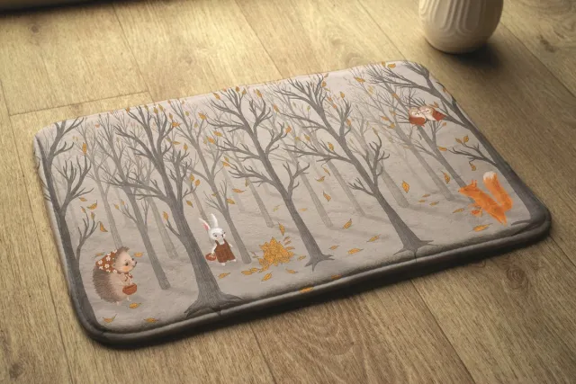 Coloray Vloerkleed voor Kinderkamer - Grijs Laagpolig Tapijt - Dieren In Het Bos Vloerkleed Voor Kinderen - Oranje Accenten Tapijt Voor Kinderkamer - Polyester Vloerkleed - 75x45 cm Grijs - Dieren In Het Bos