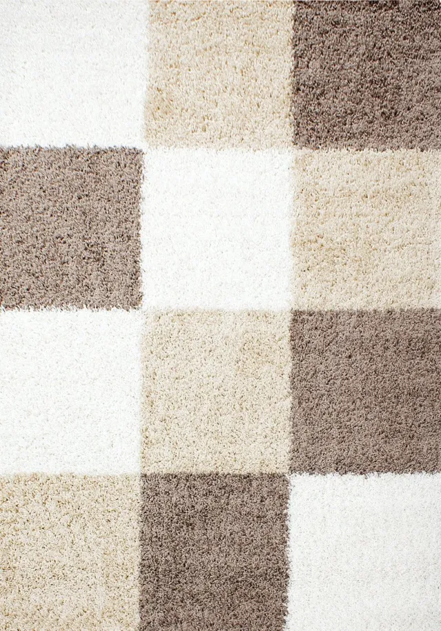 Muratap Basic Shaggy Geblokt vloerkleed Bruin / Beige Hoogpolig- 80x150 CM