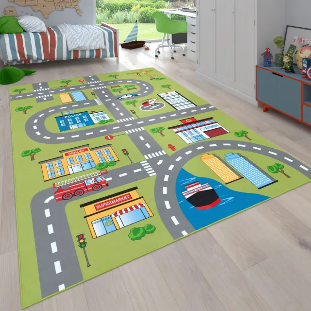 flycarpets Binola Kindervloerkleed Groen / Kleurrijk - Speelkleed / Speelmat Auto - Laagpolig Vloerkleed Kinderkamer