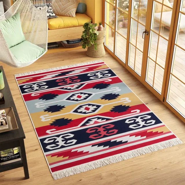 Tapiso Azteca Vloerkleed Katoenen Dubbelzijdig Tapijt Boho Woonkamer Rood Antraciet Geel