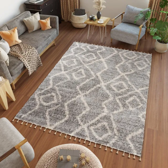 Tapiso Versay Fringes Vloerkleed Hoogpolig Tapijten Slaapkamer Grijs Creme2