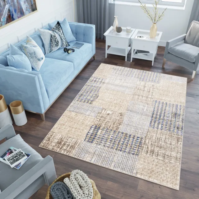 Tapiso Asthane Vloerkleed Beige Woonkamer Slaapkamer Tapijt Beige Bruin Blauw
