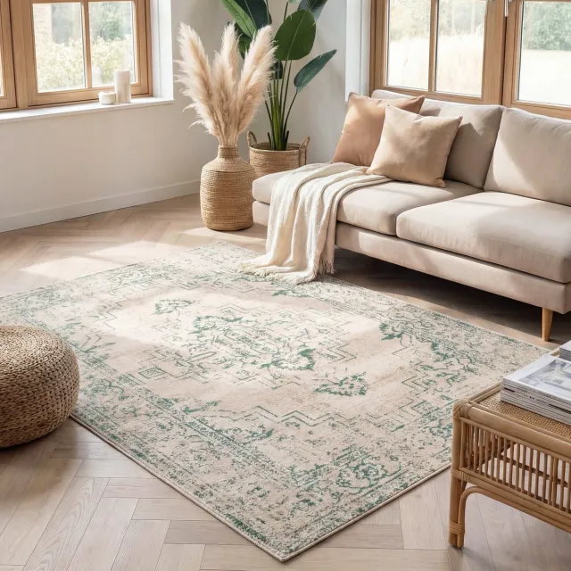 Fraai Vintage vloerkleed - Spring Ethnic Creme/Groen | Bohemian - 80x150cm Crème