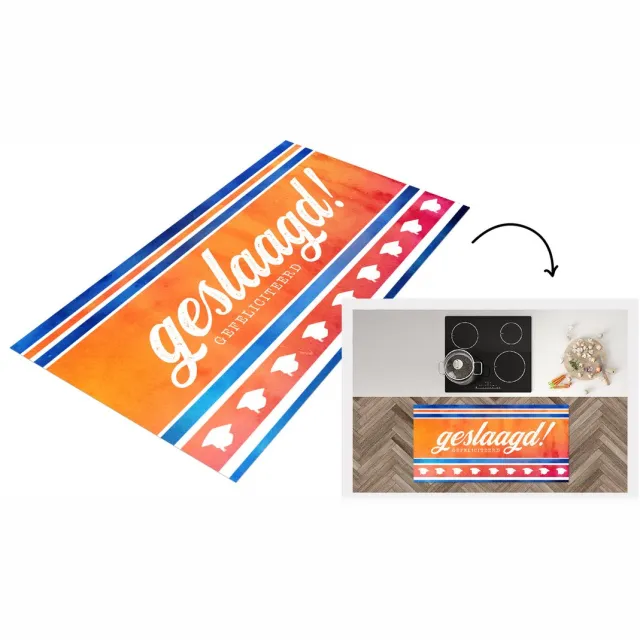 KitchenYeah Keukenloper - Loper keuken - Geslaagd - Oranje - Afstudeerhoed - 120x60 cm - Keukenloper vinyl Multicolor